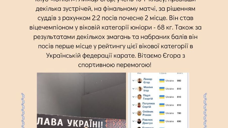 Вітаємо Лимара Єгора зі спортивною перемогою!