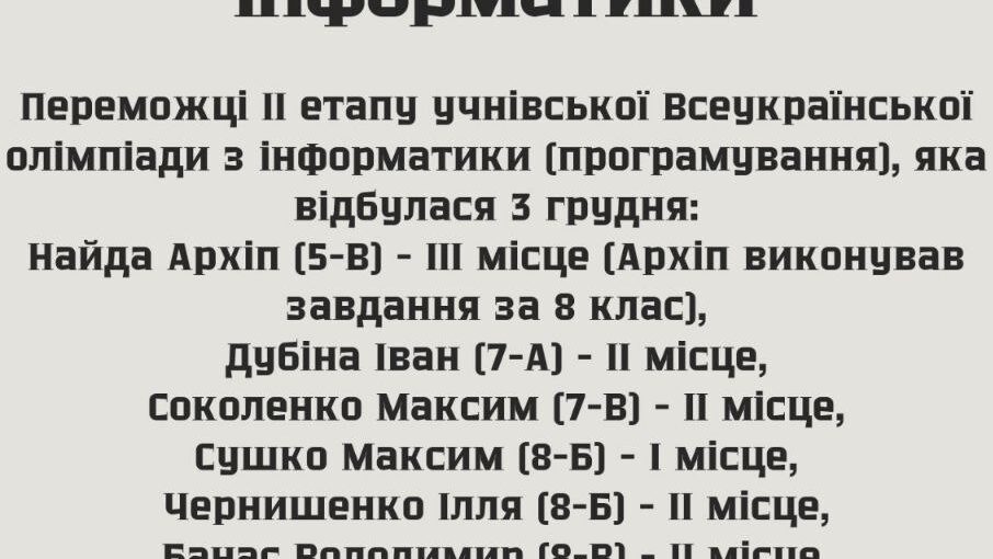 Вітаємо призерів олімпіади з інформатики