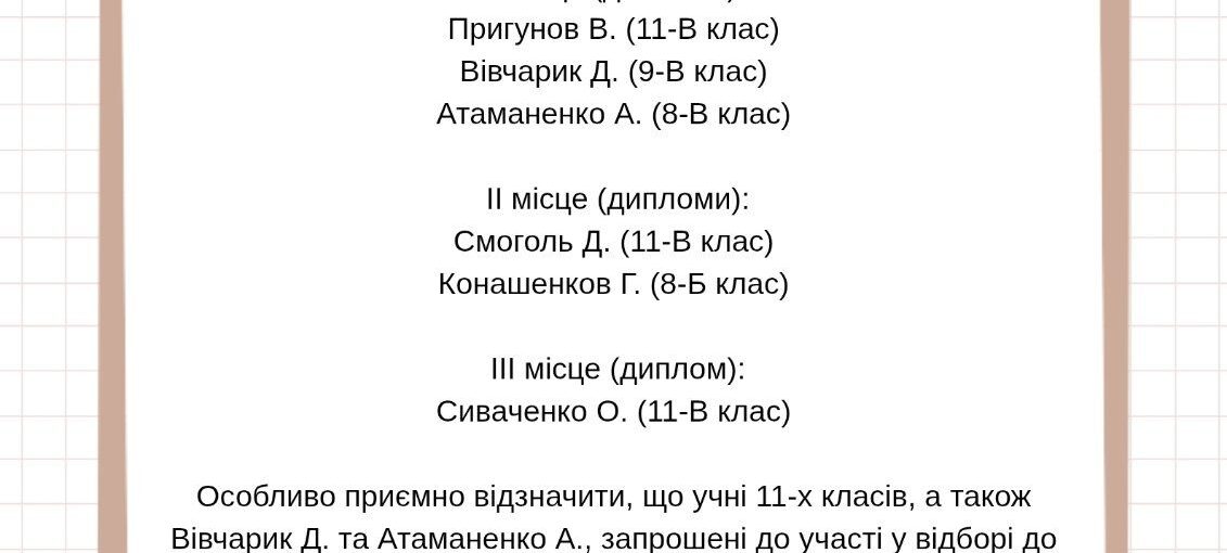 Перемоги наших учнів на Всеукраїнській олімпіаді з математики